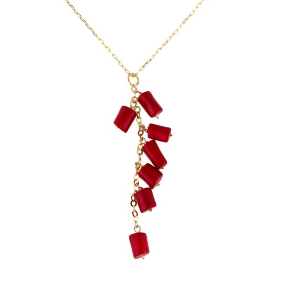 Red coral gold chain lariat pendant necklace